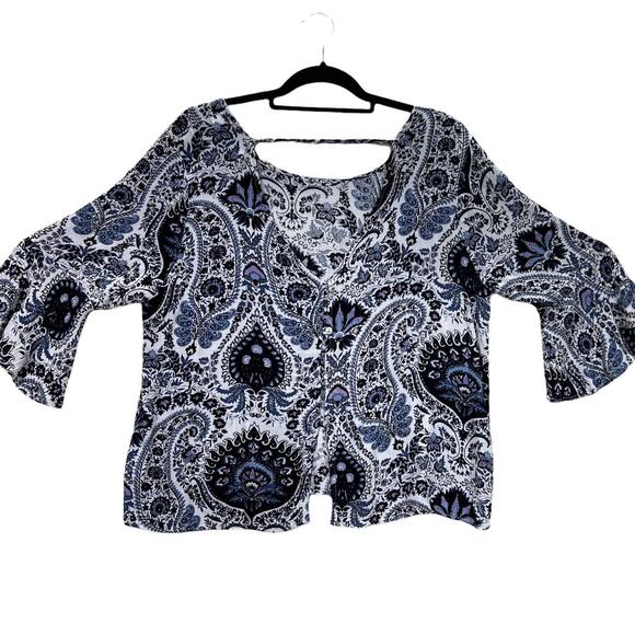 Pink Diamond 3/4 Ruffle Bell Sleeve Top Blouse Paisley Boho Mixed Print Large - Picture 3 of 12